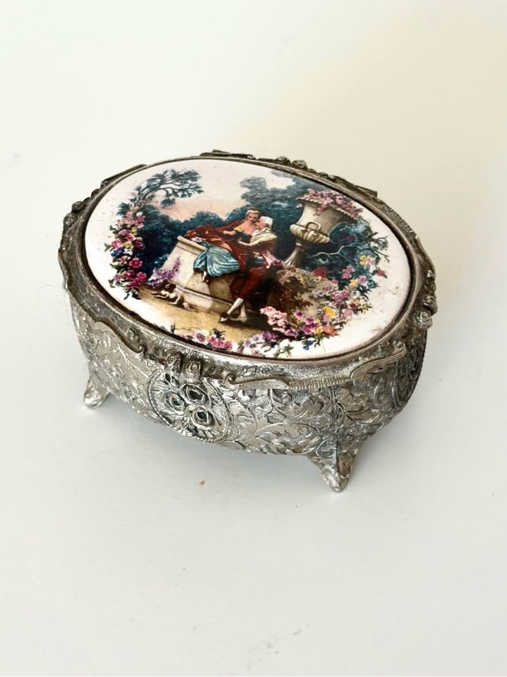 Vintage Silver Tone Ornate Enamel Courting Couple Footed Jewelry Box